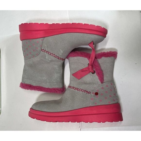 UGG Girls Knotty Boots Size 4 Youth Gray Suede Pink Shearing Bow I heart - Picture 9 of 15
